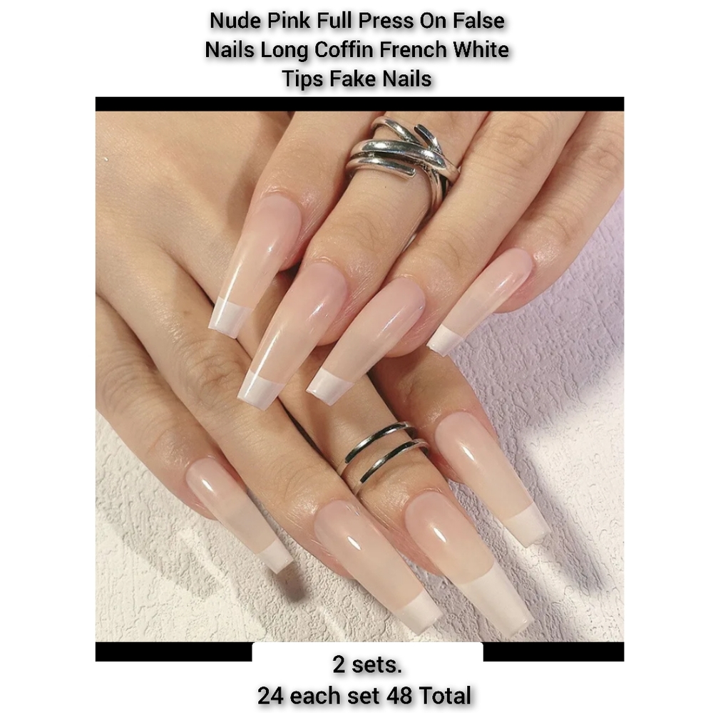 🤑3/$30 lot of 2 packsNude Pink Full Press On False Nails Long Coffin French